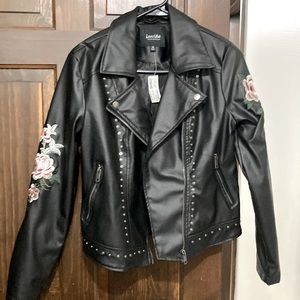 Black pleather jacket with roses on the sleeves